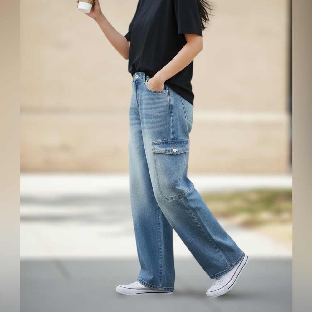 NWT Indigo Rein Soft Wide Leg Denim Cargo Jeans, size 15/31